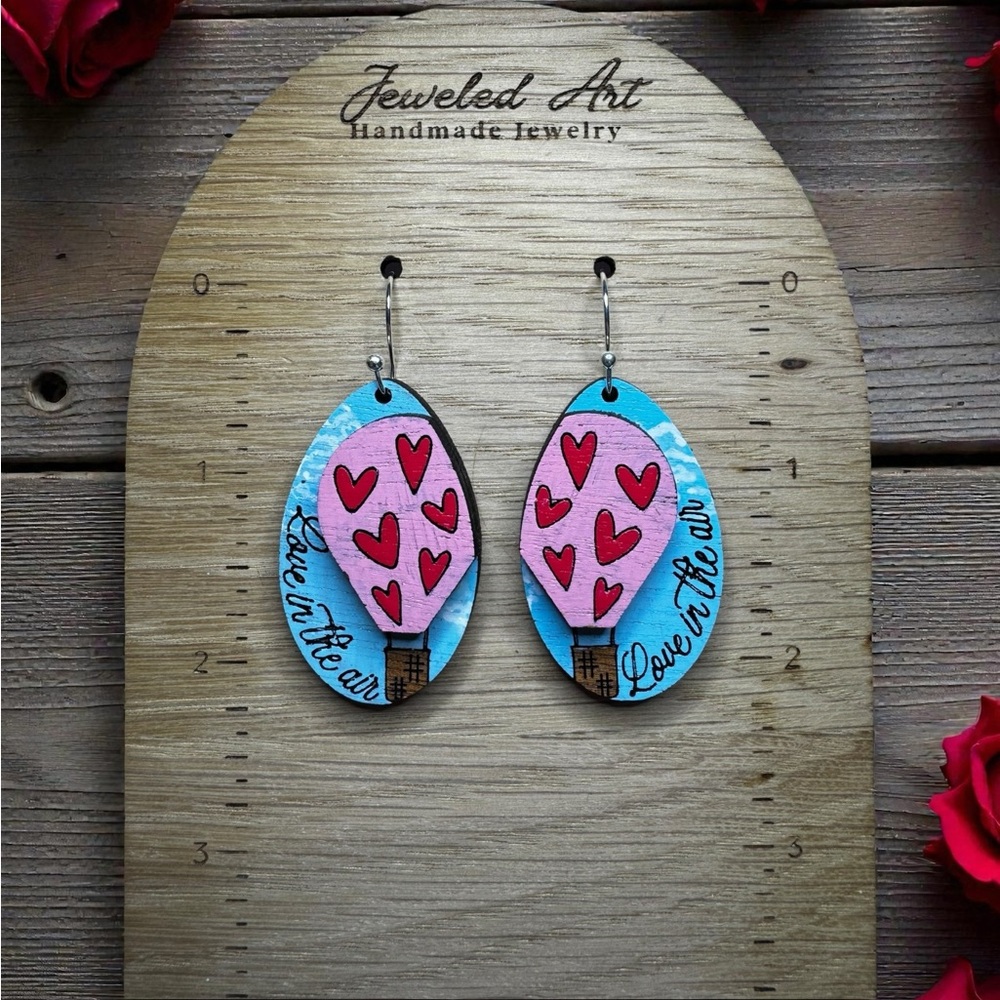 Jeweled Art Hand-Painted Love in the Air Balloon Earrings Wood Engraved - Picture 3 of 10